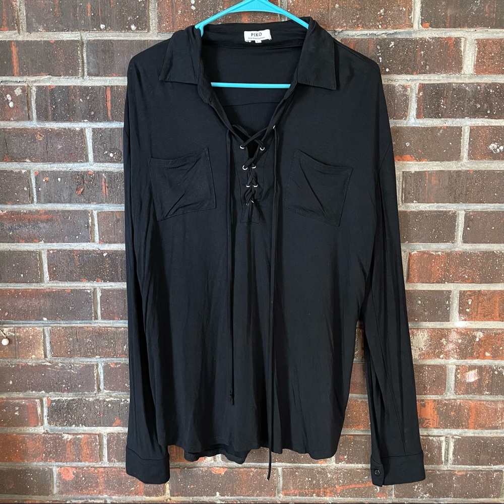 Black Long Sleeve Lace Up Front Piko Top